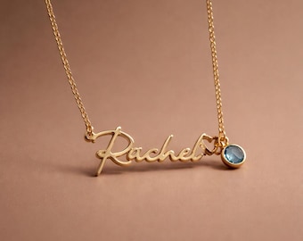 Collana con nome personalizzato, regalo per damigelle d'onore, ciondolo in oro con nome di famiglia, regalo per lei, collana con nome in pietra portafortuna, collana con gioielli scritti a mano, regalo