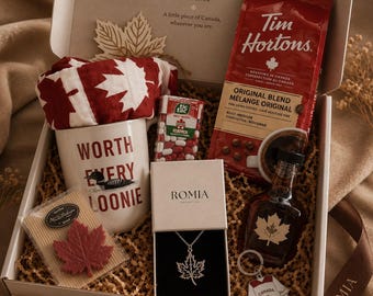Canadian Gift Box for Canadians Abroad Homesick Canada Care Package with Tim Hortons Coffee Maple Syrup Maple Necklace Canadian Souvenirs