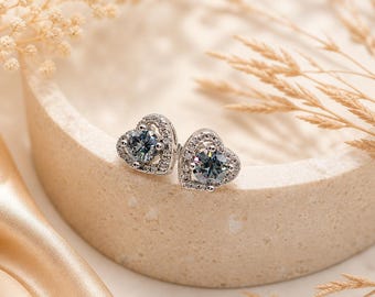 Orecchini a bottone con cuore in moissanite grigia, regalo romantico per lei, orecchini in argento sterling, gioielli per l'anniversario della festa della mamma, regalo ecologico