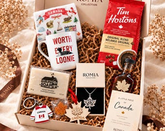 Canadian Gift Box for Canadians Abroad Homesick Care Package for Her with Tim Hortons Coffee Maple Syrup Maple Necklace Canadian Souvenirs