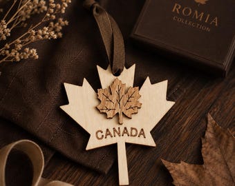 Personalized Canada Ornament Wooden Maple Leaf Ornament Custom Initial Heart Canadian Gift Luggage Tag Christmas Ornament
