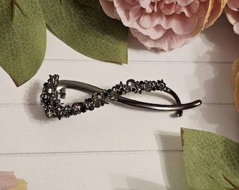 ブラックラインストーンフレンチツイストバレッタ｜シルバークリスタルアップヘアアクセサリー