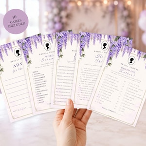 Pack de jeux pour enterrement de vie de jeune fille, jeux de style Régence, jeux sur le thème de la glycine, modèle Canva modifiable, jeux à imprimer, téléchargement instantané
