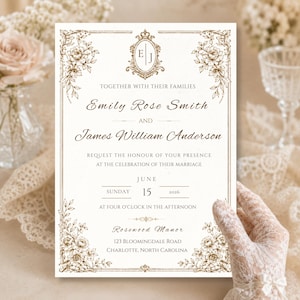 May include: A rectangular wedding invitation card featuring a cream background with brown floral border illustrations, a central monogram with the letters E and J, and printed text detailing the marriage of Emily Rose Smith and James William Anderson.