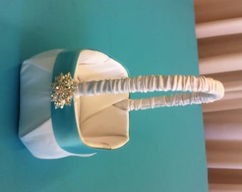 White Satin with Aqua Satin Flower Girl Basket with Bling