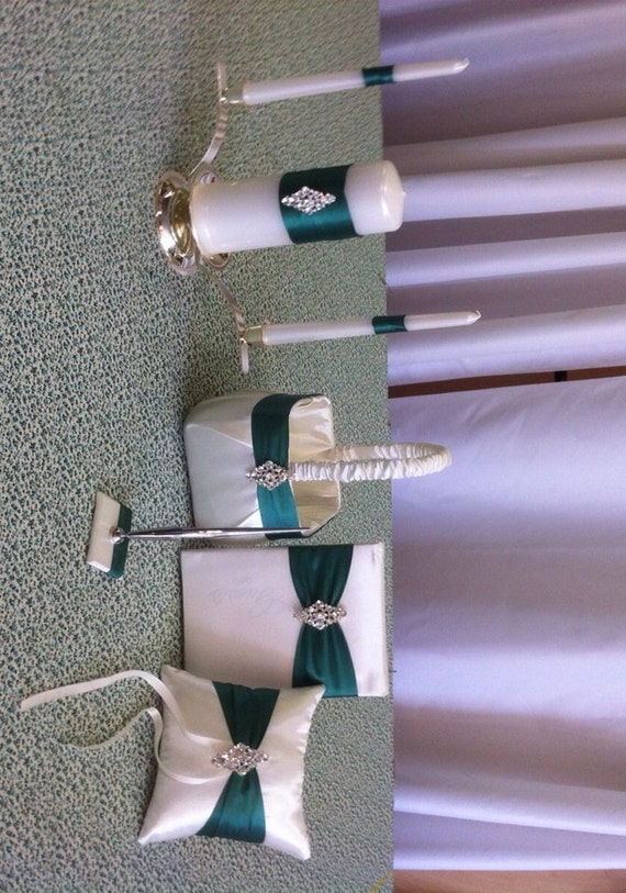 Emerald Green Flower Girl Basket Ring Bearer Pillow Guest Book Pen Set Wedding