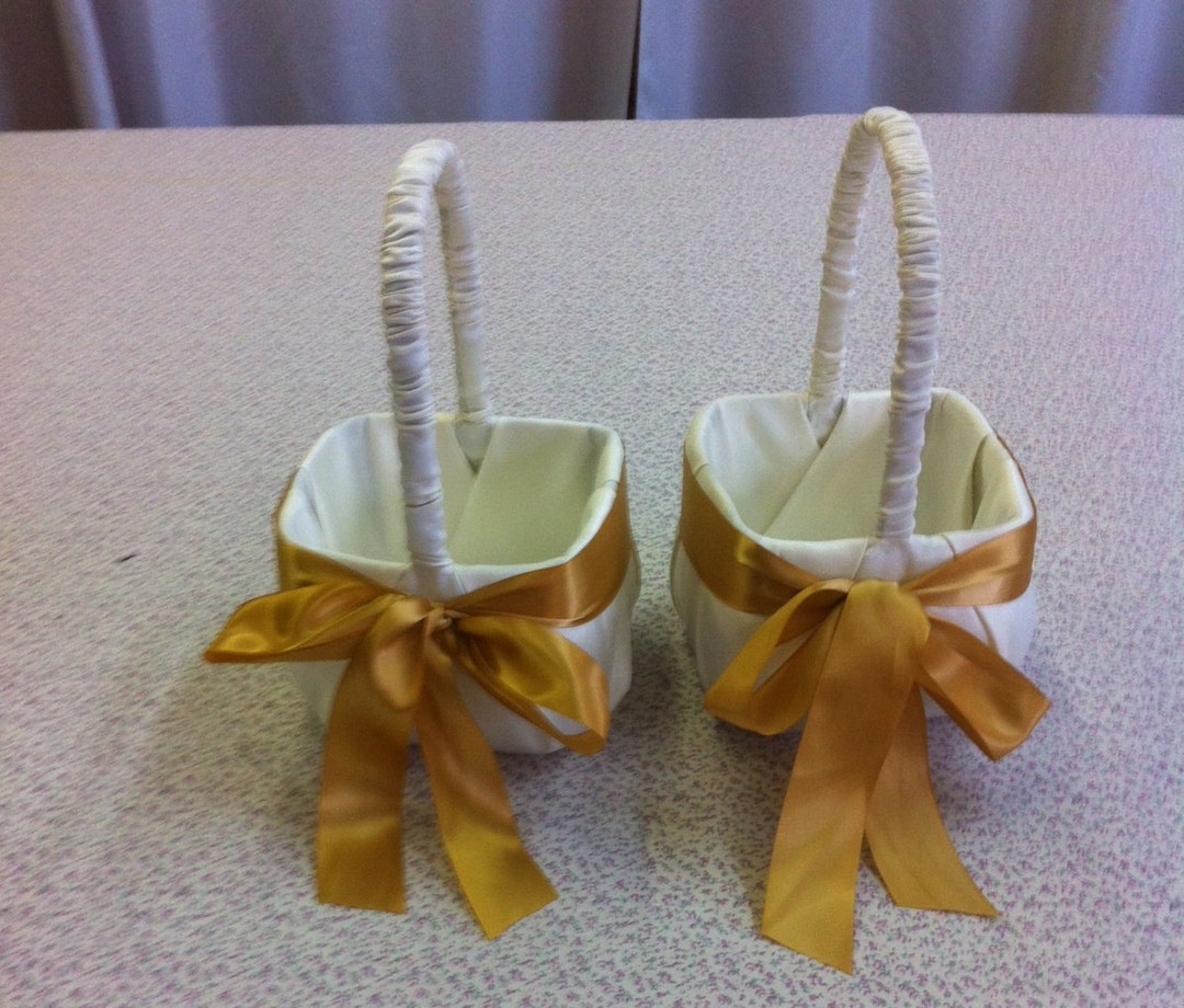 Set of Two Ivory Flower Girl Baskets With Gold Accent Bow Etsy