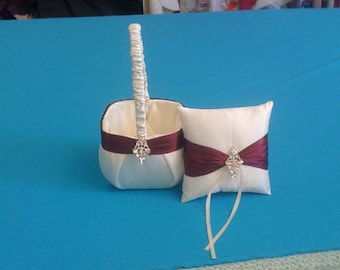 Ivory and  burgundy  Satin Flower girl basket and pillow