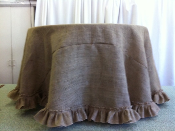 Custom Made 90 Inches Round Burlap Tablecloth With Ruffle on the