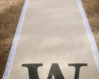 Burlap Custom Made Aisle Runner 50 ft with white lace border on both sides ( monogram not included)