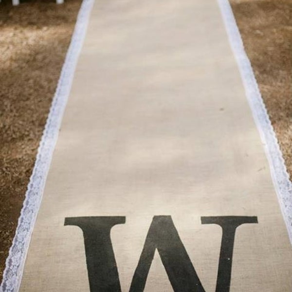 Burlap Custom Made Aisle Runner 50 ft with white lace border on both sides ( monogram not included)