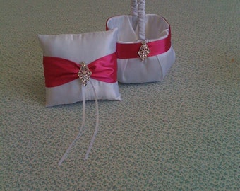 Hot Pink and White  Flower girl basket and pillow