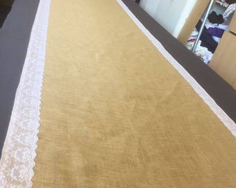 Burlap Custom Made Aisle Runner 35 ft with Ivory lace border on both sides new design over the burlap