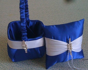 Royal Blue Horizon Satin with  Silver Flower girl basket and pillow reserved listing extra basket