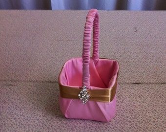 Pink Flower Girl Basket with Gold Satin Accent
