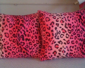 Pink Leopard Faux Fur Throw Pillows Pair 16 x 16  With Insert Included