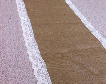 Burlap and lace table runner 90 x 16 with Ivory lace border on both sides