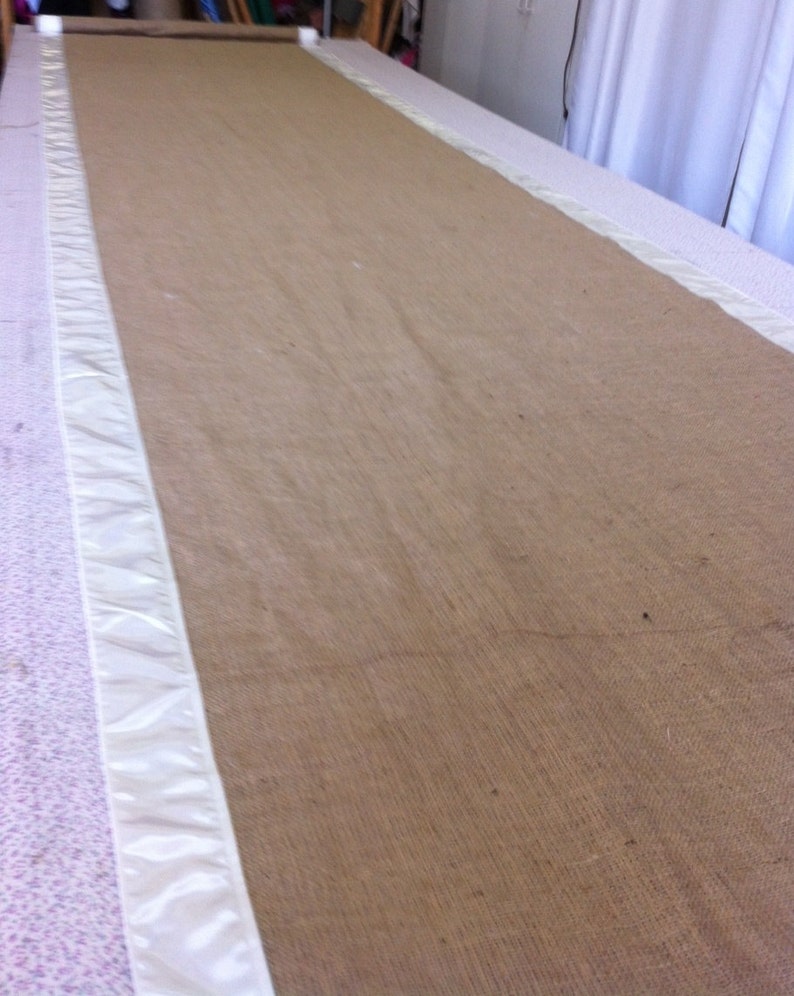 Burlap Custom Made Aisle Runner 25 with ivory satin border on both sides image 1