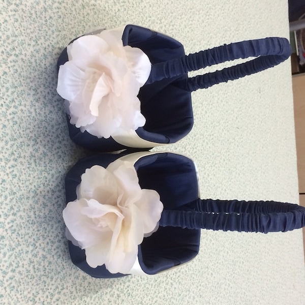 Navy  with Ivory Flower Accent Flower  Girl Baskets set of 2