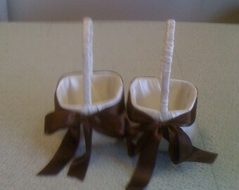 Set of two Ivory Flower Girl baskets with Chocolate Brown Accent Bow