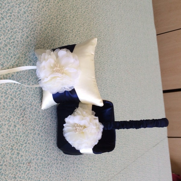 Navy Flower Girl basket with Ivory flower and Accent and Ivory Ring Bearer Pillow with Navy Band and Ivory flower