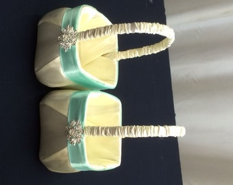 Ivory Satin  with Aqua Blue Flower Girl Baskets Set of 2