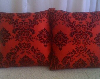 2 Damask Red and Black Damask  pillows 16 x 16 insert included