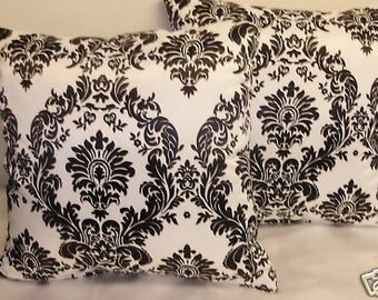 2 Damask Black and White Satin  pillows 16 x 16 insert included