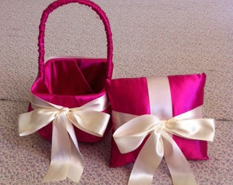 Hot Pink Satin with Ivory  Bow Flower Girl Basket and Ring Bearer pillow