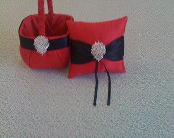 Red and Black Satin Flower girl basket and pillow