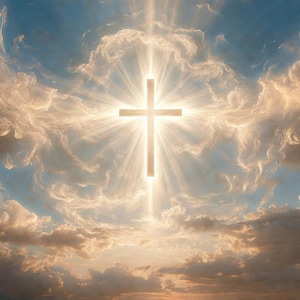Pode incluir: Uma cruz brilhante e luminosa irradia luz contra um fundo de nuvens fofas douradas e um céu azul. A imagem evoca uma sensação de espiritualidade, com a cruz como foco central.