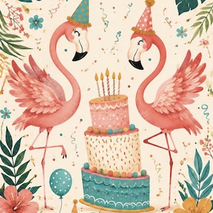May include: Two pink flamingos wearing party hats stand on either side of a three-tiered birthday cake with lit candles. A small green turtle wearing a party hat holds a blue polka-dot balloon. The scene is surrounded by tropical leaves and flowers.
