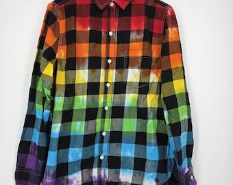 Rainbow Tie Dye Plaid Flannel Shirt Women’s Large Grunge Boho Button Up