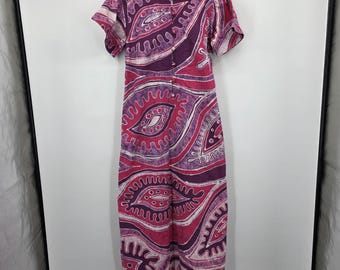 Jutik Vintage Batik Maxi Dress Cotton Magenta Purple Abstract Print Boho Caftan Small