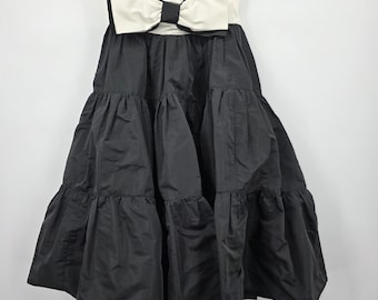 Vintage 80s Prom Dress Strapless Bow Black Ivory Taffeta Tiered Bubble Skirt