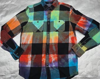 Hand Dyed American Rag Flannel Shirt Men’s Small Rainbow Plaid Button Up