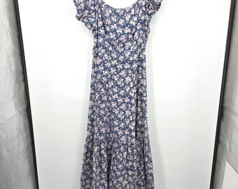 Vintage Lola Jr Hawaiian Muumuu Dress 11 Floral Blue Pink Rose Puff Sleeve Maxi