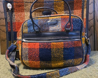 Vintage Tweed Luggage Set | Wool Plaid Suitcase & Matching Travel Bag | Cozy 1960s–70s Style