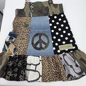 Upcycled Patchwork Jumper Dress: Boho Pinafore Top, Reclaimed, Leopard, Camo, Polka Dot, Peace Appliqué