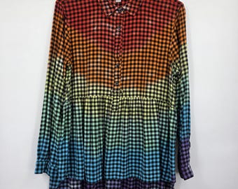 Women’s Large Hand Dyed Plaid Shirt Rainbow Ombre Boho Festival Button Up