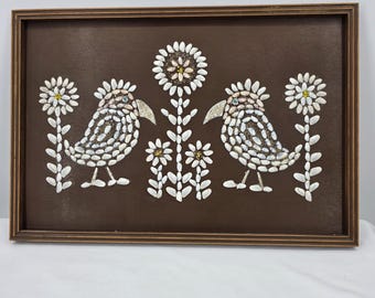 Vintage Shell Art Birds Flowers Shadowbox | Mid Century Florida Folk Art Wall Decor (24x16)