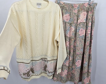 Vintage 80s Knitmakers 2 Piece Cable Knit Sweater Floral Skirt XL Grandmacore Prairie