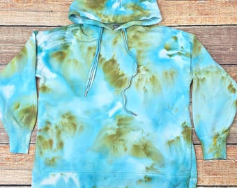 Hand Dyed Aerie Hoodie Size S/P Blue Green Tie Dye Cozy Pullover Sweatshirt