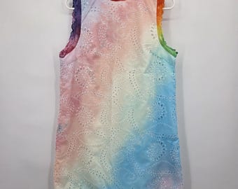 Upcycled Eyelet Mini Shift Dress Medium Rainbow Tie Ice Dye Granola Boho Indie Hippie