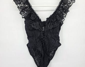 Vintage Black Lace Teddy Bodysuit: Sheer Ruffle Straps, Lace-Up Boudoir One Piece