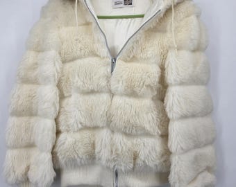 Vintage Sears Faux Fur Hooded Jacket – Cream Ivory – 1970s 1980s