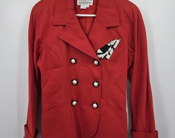 Rickie Freeman Teri Jon Vintage Red Blazer 10 Pearl Buttons Double Breasted