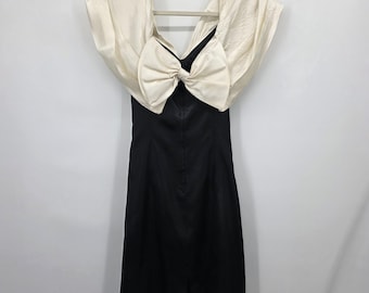 Lizette Creations Vintage 80s Black Satin Dress Ivory Bow Collar Old Hollywood Glam