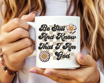 Retro Christian Mug,Be Still And Know That I Am God,Bible Verse Coffee Cup,Trendy Mug For Women,Religious Gift,Vintage Checkered Coffee Cup