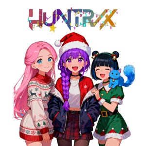 Puede incluir: Ilustración de estilo anime con tres chicas sonriendo vestidas con atuendos festivos. Una lleva un suéter rojo y blanco, otra un gorro y una chaqueta de Papá Noel, y la tercera un vestido verde. Un gato azul está sentado en el hombro de la chica del vestido verde. La palabra "HUNTRAX" está en la parte superior.